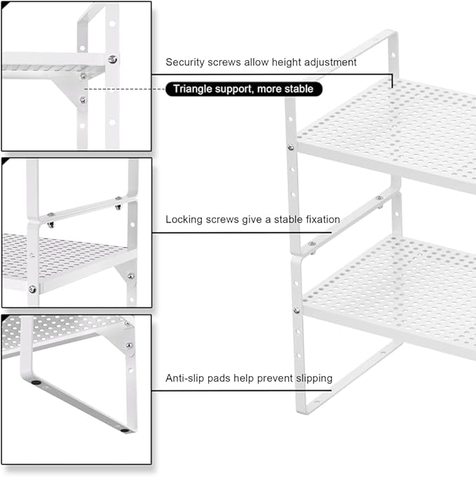 MIYUPTC Expandable Cabinet Shelf Rack, Large Kitchen Cupboard Organizer Stackable Cabinet Pantry Shelf, Organization and Storage for Kitchen Bathroom, Metal Plate, White, 3 Pack