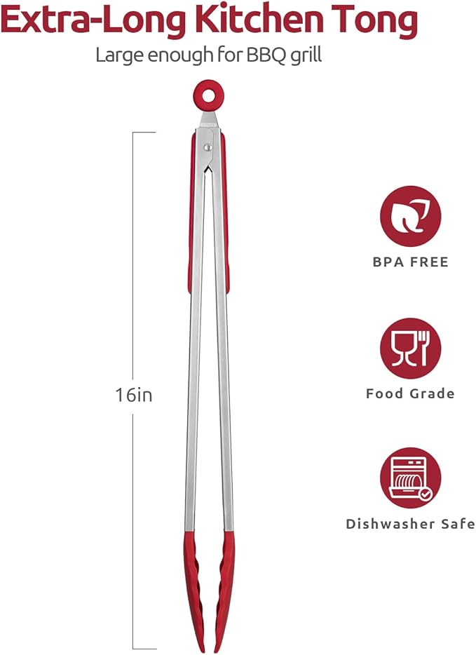 U-Taste Kitchen Tong for Cooking, 600ºF Heat-Resistant Silicone, 16in/Red