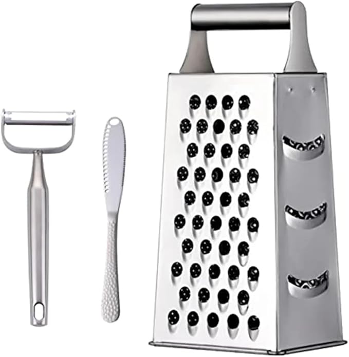TEAHAHA 4 Sides Box Grater For Kitchen,Stainless Steel Cheese Grater With Handle,Multi-Function Vegetable Slicer Food Shredder For Chees,Ginger,Vegetables,Dishwasher Safe, Silver