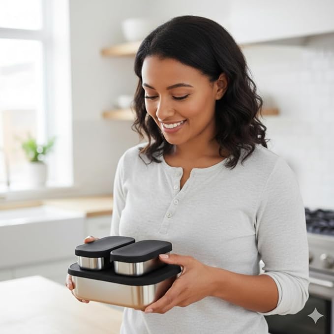 Modaniam Flexibento - Leak proof Stainless Steel Lunch Box | Stainless steel bento box | Lunch Containers with Lids Meal prep| Snack Containers |Metal lunch Box|Small|1 * 27 oz + 2 * 6.5oz