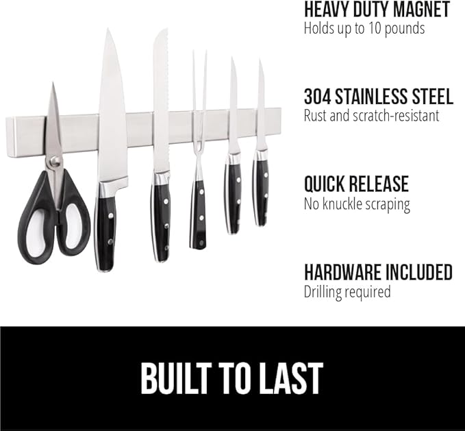 GORILLA GRIP 304 Stainless Steel Heavy Duty Magnetic Knife Holder, 16 Inch Strip, Secure Wall Mounted Bar for Knives, Tools, Holds Up to 6 lbs, Kitchen Organizer, Easy Installation, Screws Included