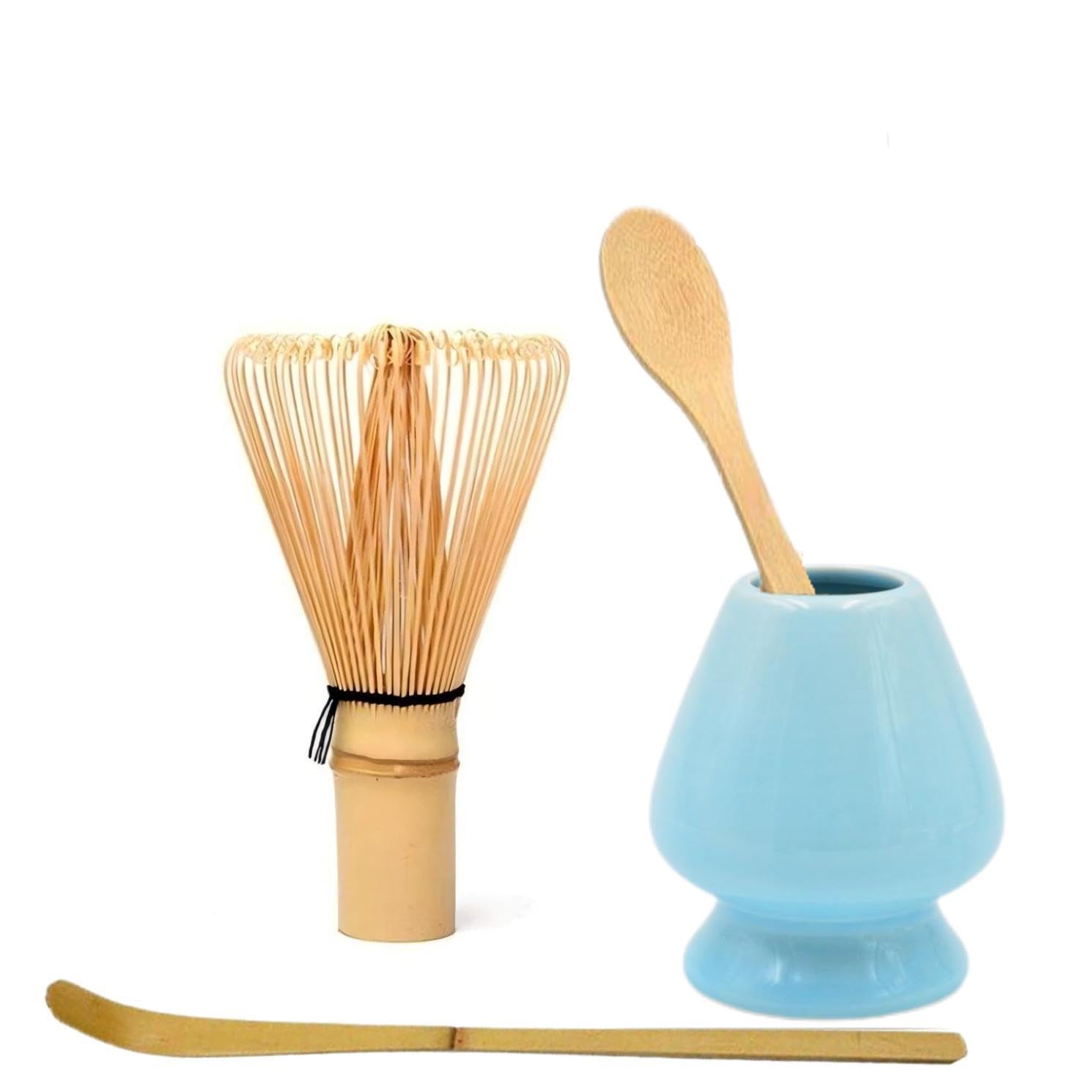 Matcha Tools ，Matcha Whisk Holder， Matcha Chasen Whisk Stand ，Ceramic Holder ，Matcha Bowl ，Traditional Japanese Tea Ceremony Starter (Cyan Ceramic Holder，Whisk ， 4 set)