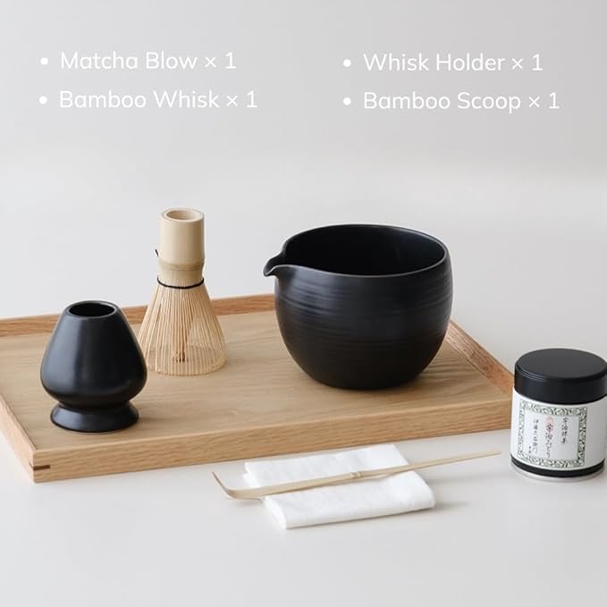 WENSHUO Matcha Whisk Set, Ceramic Matcha Bowl with Spout, Black,6-Pc