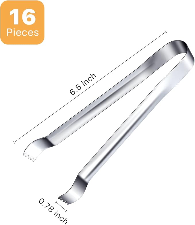 Worldity 16 Pieces Ice Tongs, 6.5 Inch Ice Tongs for Ice Bucket, Stainless Steel Serving Tongs with Sharp Teeth Make Grabbing Ice Easy, Small Tongs for Serving Food