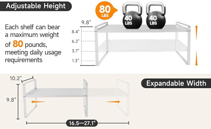 taiheis 16.5~27.1" Expandable Shelf，1Pack 8.1" Wide Adjustable Height Cabinet Shelves，White