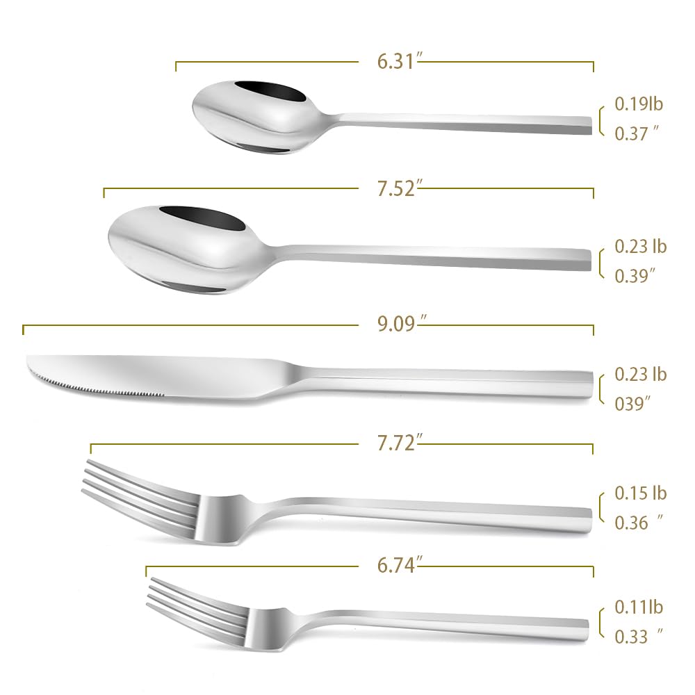 DEACORY Silverware Set Flatware Set Stainless Steel Cutlery Set Silver Mirror Finished Hexagon Handle 5 Pieces Service for 1