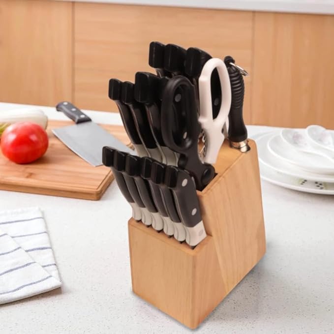 Kitchen knife holder elegant & sturdy (15 slots). Universal knife block with slots for knives, scissor and sharpenner. Knife Block without Knives. Kitchen knife holders for counter top. (Rubber Wood)