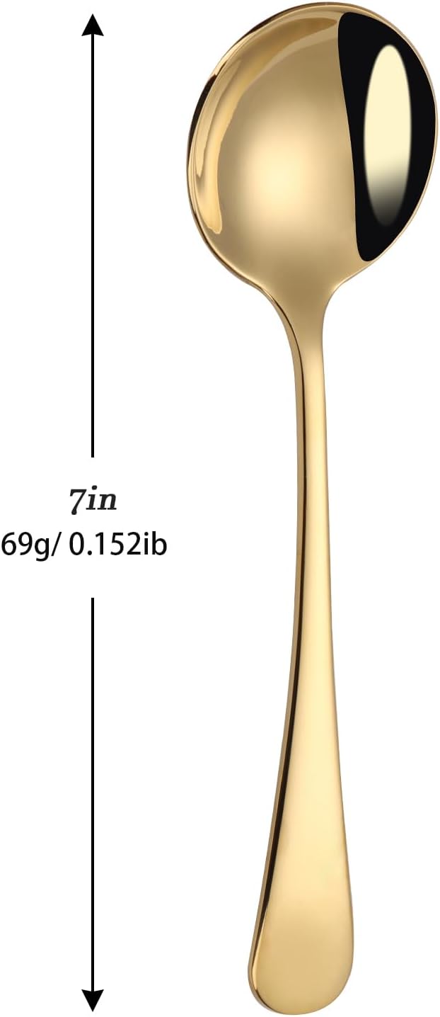 Mafier 7" Round Soup Spoons Set of 4,18/10 Stainless Steel Heavy Duty with Deep Bowl,Fine Mirror Polished,Dishwasher Safe(Gold)