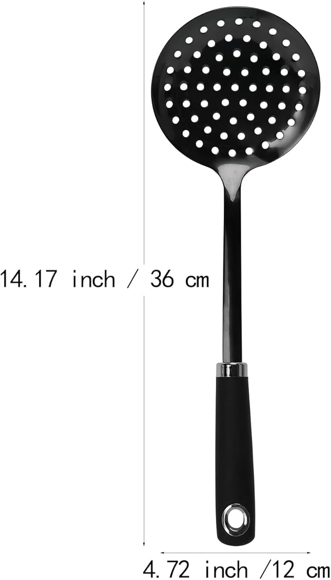 JXWING Black Stainless Steel Skimmer Spoon, Metal Slotted Spoon Strainer