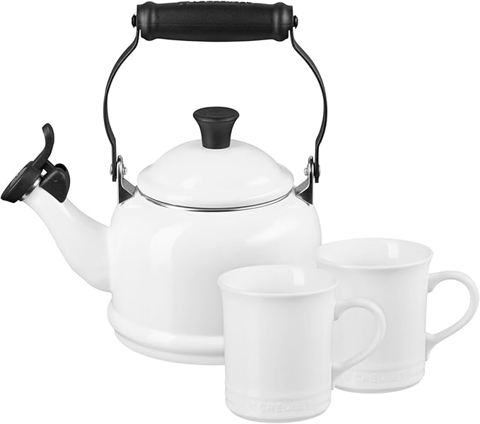 Le Creuset Demi Kettle (1.25 qt.) and 2 Mugs (14 oz. each), White/Black