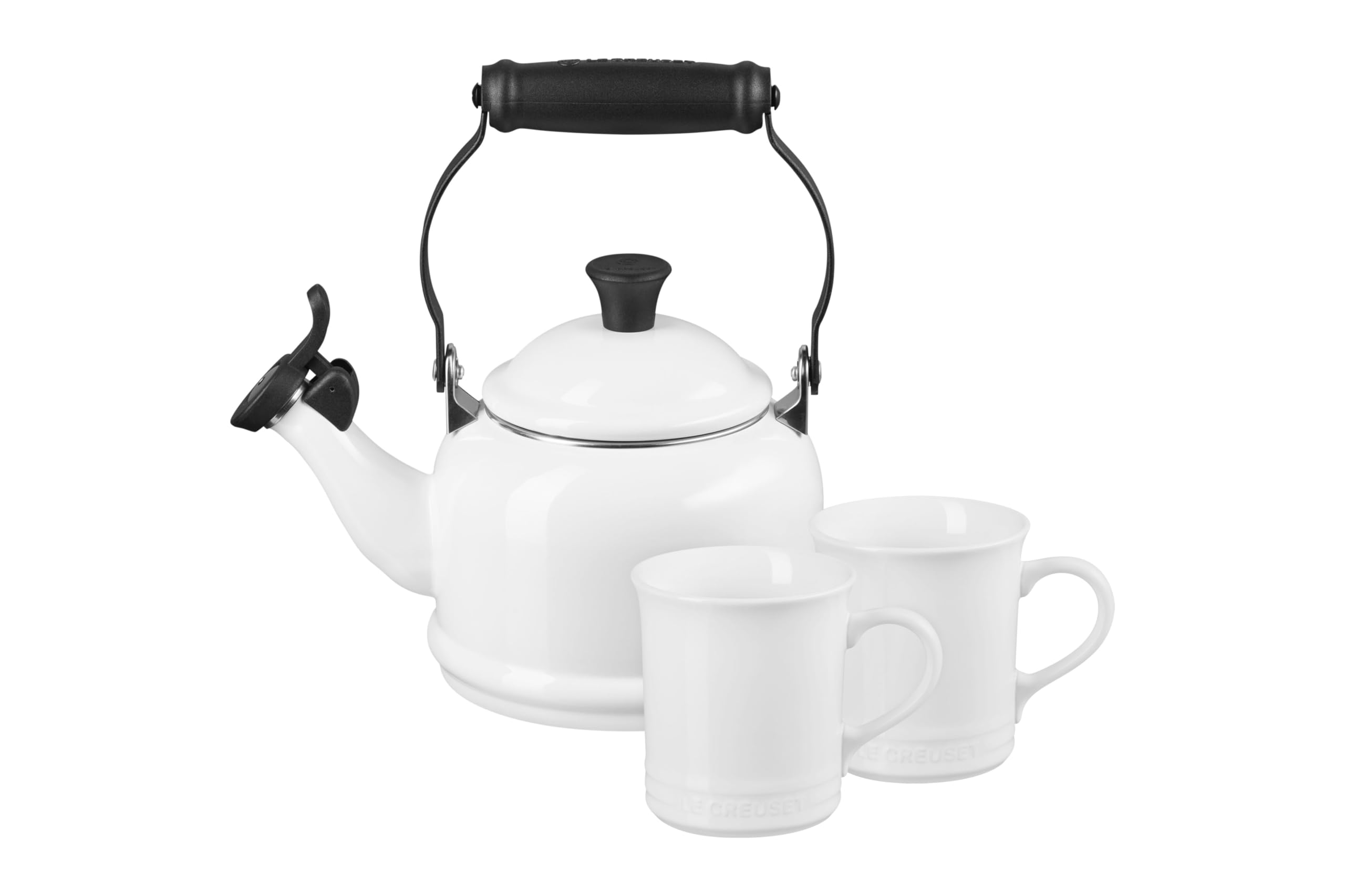 Le Creuset Demi Kettle (1.25 qt.) and 2 Mugs (14 oz. each), White/Black