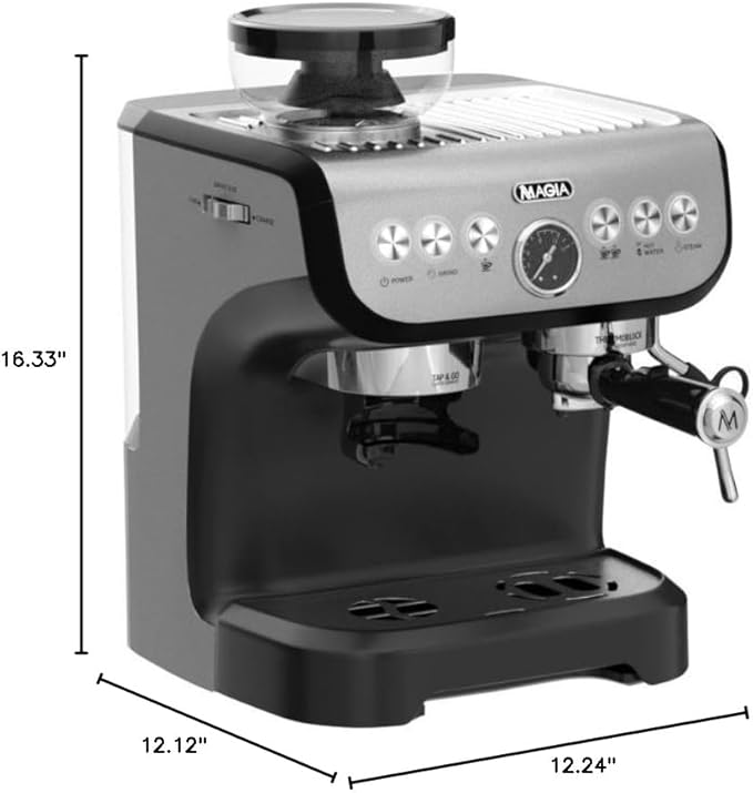 Zulay Kitchen Magia Manual Espresso Machine with Built-In Grinder & Steam Wand – 15 Bar Pressure Espresso Maker, 2L Removable Water Tank, Milk Frother, Complete Home Barista Set, Black & Silver