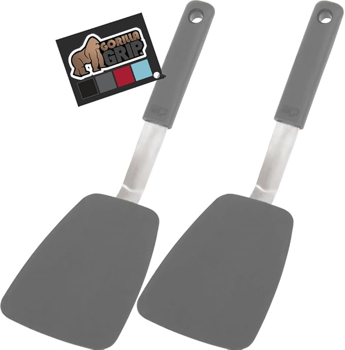 GORILLA GRIP BPA-Free Silicone Spatula for Non Stick Frying Pan, 2 PK, Heat Resistant Flexible Head, Patented Soft Comfortable Handle, Non-Scratch Kitchen Turner, Flip Burgers, Pancakes, 11.6 in, Gray