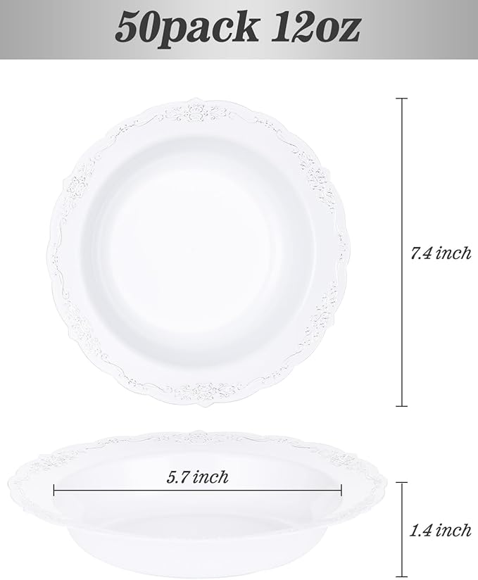 Bestluck 50 Pack White Plastic Bowls with Silver Rim