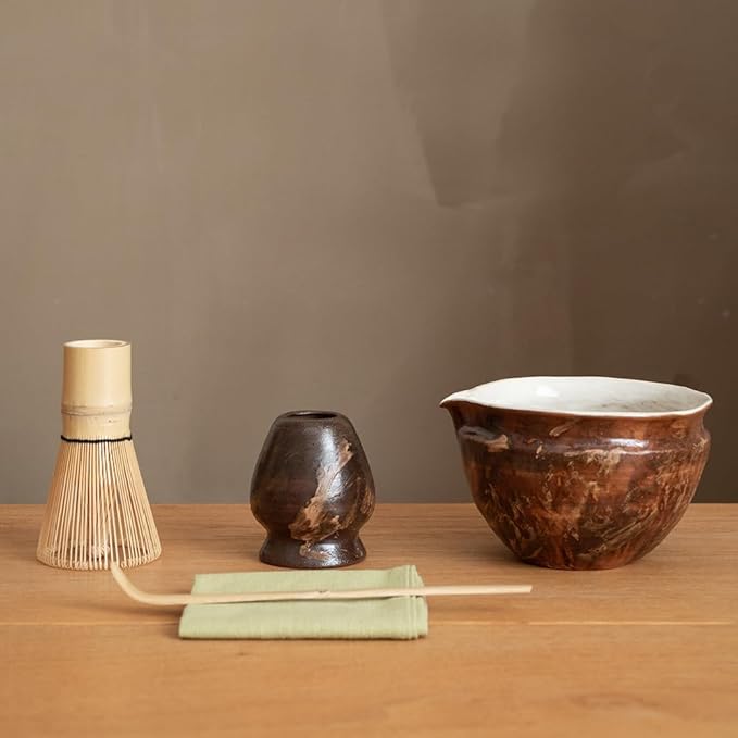 WUSEI Matcha Set with Handmade Ceramic Bowl & Bamboo Whisk, Dark Brown,6-Pc