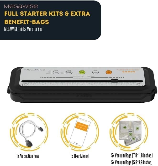 MegaWise Vacuum Sealer Machine, 80kPa Powerful Suction, One-Touch Automatic Food Sealer with Built-in Cutter & Bags Included, Dry Moist Modes for All Saving needs