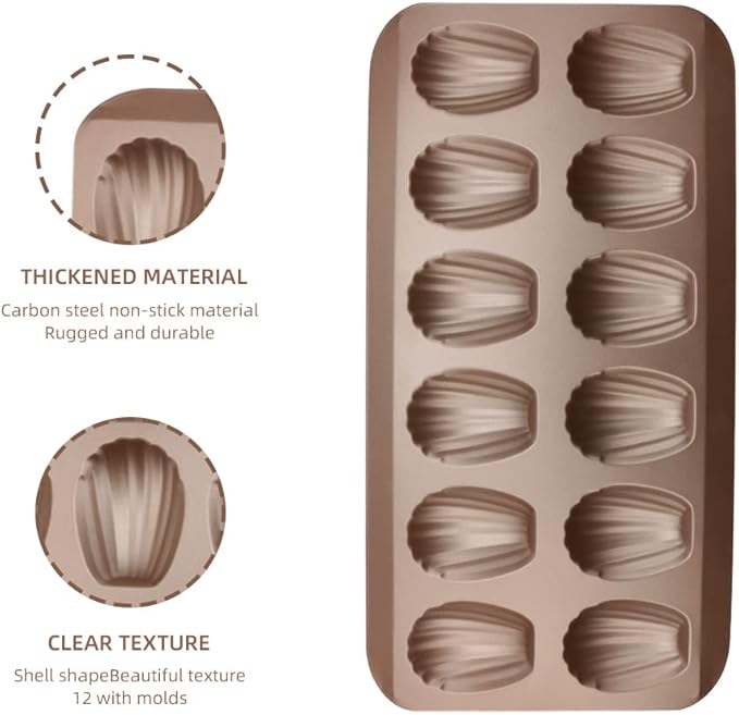 2 Pack Madeleine Pans for Baking, 12 Cavity Heavy Duty Shell Shape Baking Mold Nonstick Cookie Cake Pan for Oven（Gold）
