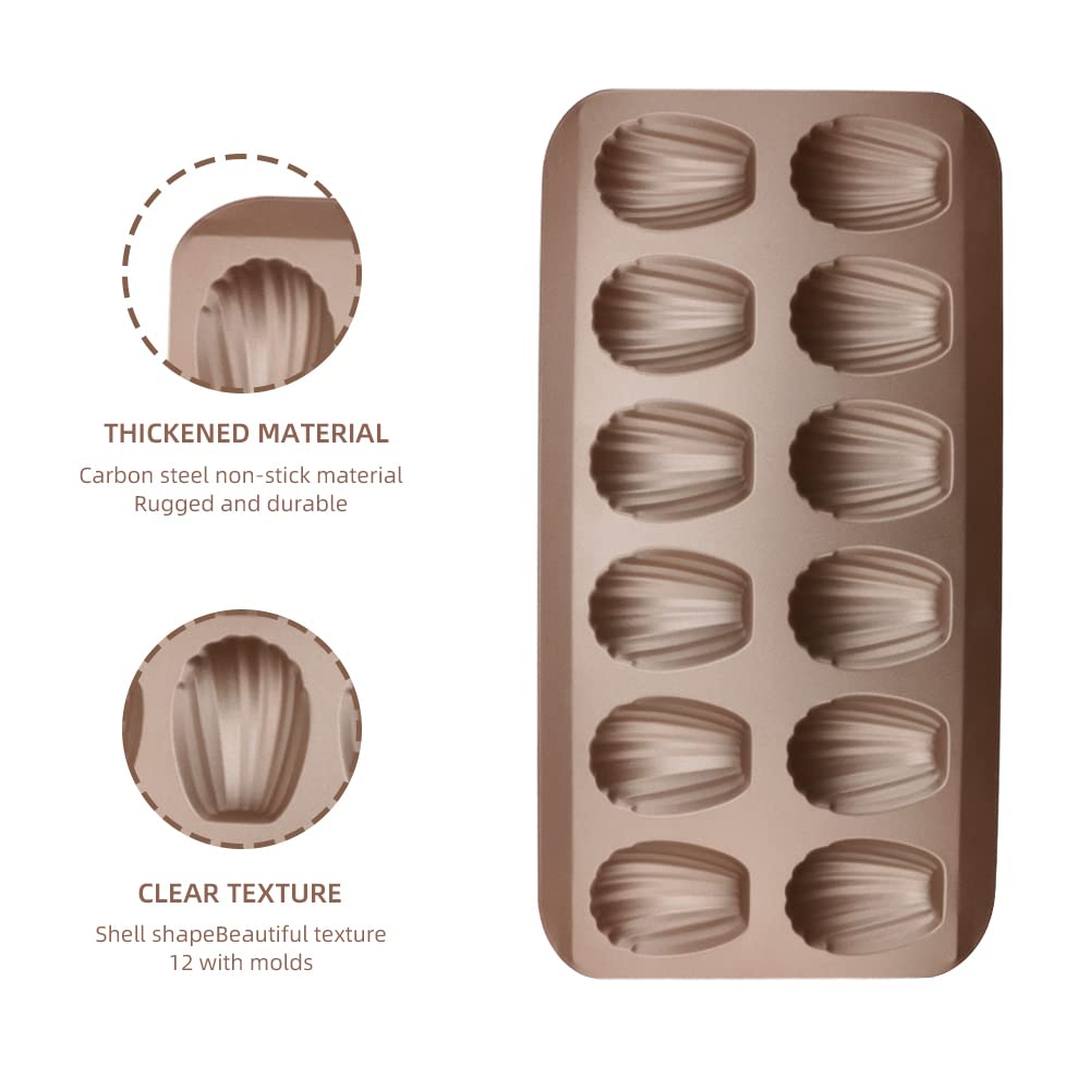 2 Pack Madeleine Pans for Baking, 12 Cavity Heavy Duty Shell Shape Baking Mold Nonstick Cookie Cake Pan for Oven（Gold）