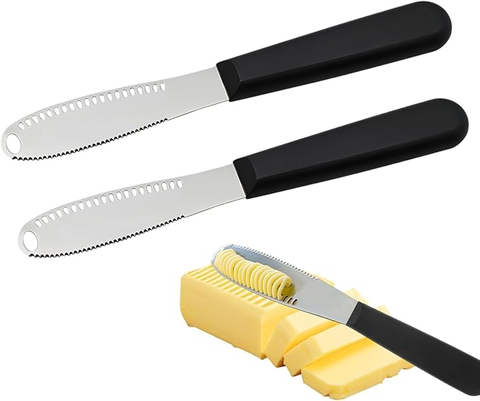 Creztail 2 Pcs Butter Knife Spreader with Holes, 3 in 1 butter knife, butter curler knife, Butter Grater with Ergonomic Handle, stainless steel butter spreader for Butter, Cheese, Jam