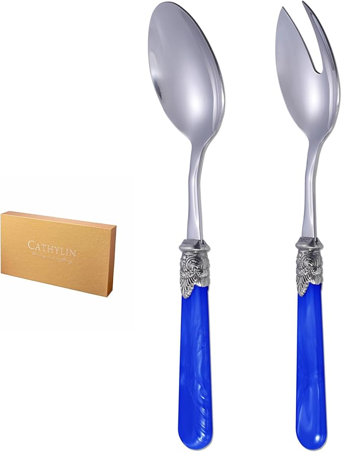 CATHYLIN 2-piece Salad Servers Stainless Steel Salad Serving Set Salad Fork and Spoon (Deep Blue)