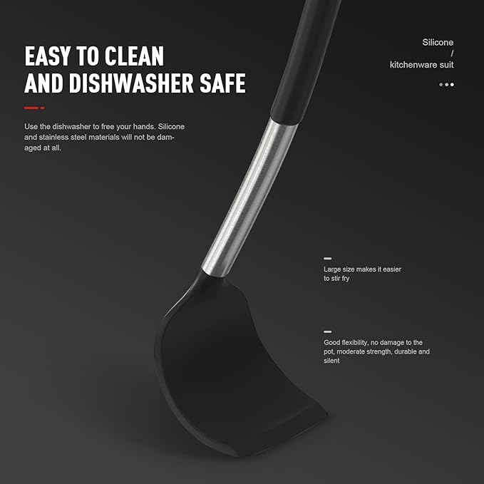 oannao Large Silicone Cooking Utensils Set - Heat Resistant Kitchen Utensils Sets,Spatula,Spoon,Turner Tongs,Whisk,Stainless Steel Cooking Utensil for Nonstick Cookware Dishwasher Safe (Black)