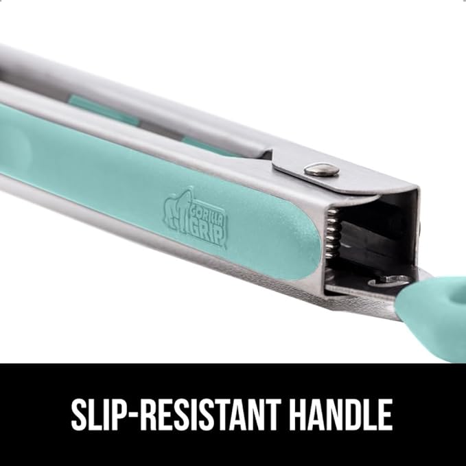 GORILLA GRIP Stainless Steel BPA-Free Kitchen Tongs for Cooking, Heat Resistant BBQ Tong Set of 2, Non Scratch Silicone Tip for Pan, Strong Grip, Grab Food, Toss Salad, Pull Lock, 7+9 Inch, Mint