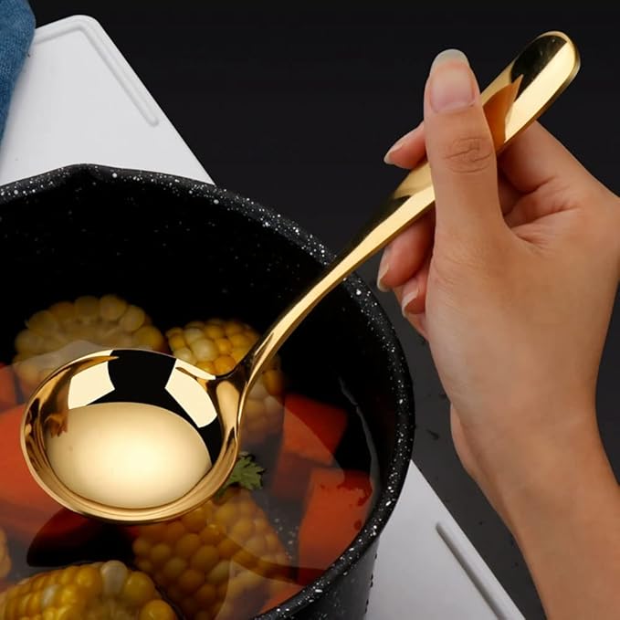 IAXSEE 6 PCS Stainless Steel Serving Utensils, Large Serving Spoons Slotted Spoons, Forks, Ice Suger Tongs, Cake Server, Soup Ladle, Metal Utensils Set Great for Buffet Catering Banquet Party, Gold