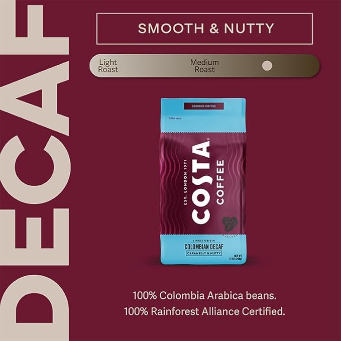 Costa Coffee Ground Decaf Medium Roast Coffee, 12 Oz Bag Caramel & Nutty.