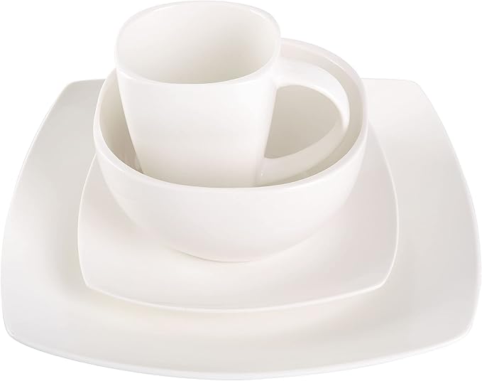Gibson Soho Lounge Square Porcelain Chip and Scratch Resistant Dinnerware Set, Service for 4 (16pc), White