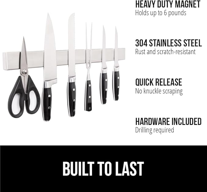 GORILLA GRIP 304 Stainless Steel Heavy Duty Magnetic Knife Holder, Secure Wall Mounted Bar for Knives, Tools, Holds Up to 6 lbs, Kitchen Organizer, 10 Inch Strip, Easy Installation, Screws Included