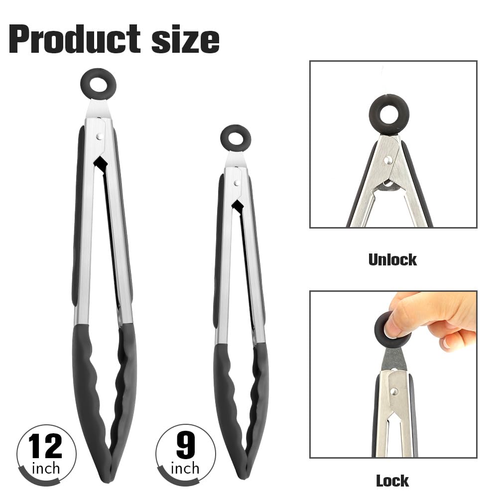 Kitchen Tongs 9'' and 12'' Tongs for Cooking 2 Pcs Black Silicone Tongs Stainless Steel Locking Food Tongs with Silicone Tips Heat Resistant Serving Tong for BBQ Food Grilling Salad Kitchen Utensils