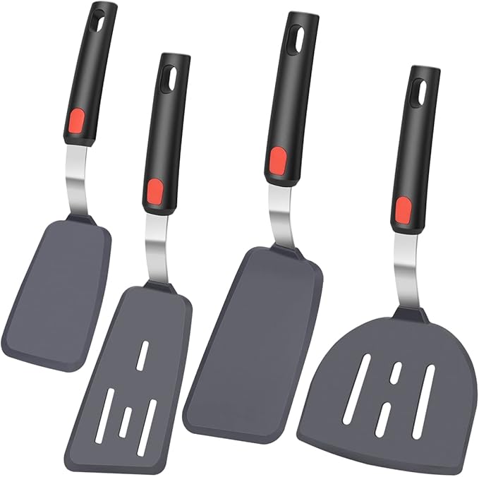 KLAQQED 4Pcs Spatula Silicone Heat Resistant Flexible Rubber Silicone Spatulas for Nonstick Cookware, Burger Pancake Spatula Turner Large Spatulas Set for Cooking Kitchen Utensils Set Black