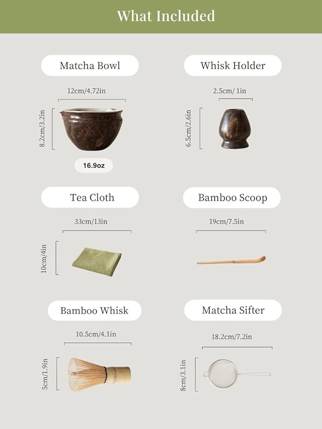 WUSEI Matcha Set with Handmade Ceramic Bowl & Bamboo Whisk, Dark Brown,6-Pc