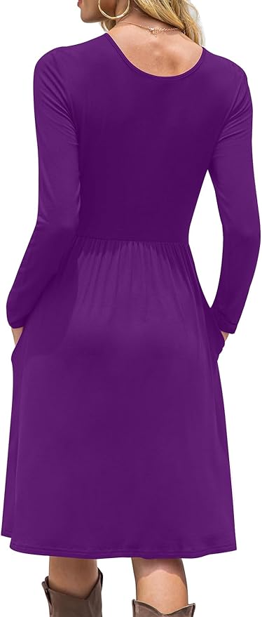 DB MOON Women Casual Long Sleeve Dresses Empire Waist Loose Dress with Pockets (Purple, XL)
