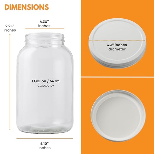 4-Pack 1 Gallon Glass Jar with Lid | Wide Mouth Set with White Metal Caps