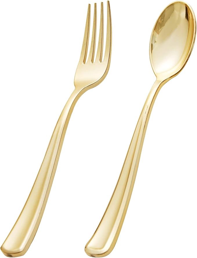 BUCLA 200-Piece Gold Plastic Silverware - Heavy Duty Disposable Cutlery Set - 100 Gold Plastic Forks & 100 Spoons for Catering, Party, Dinner, Wedding