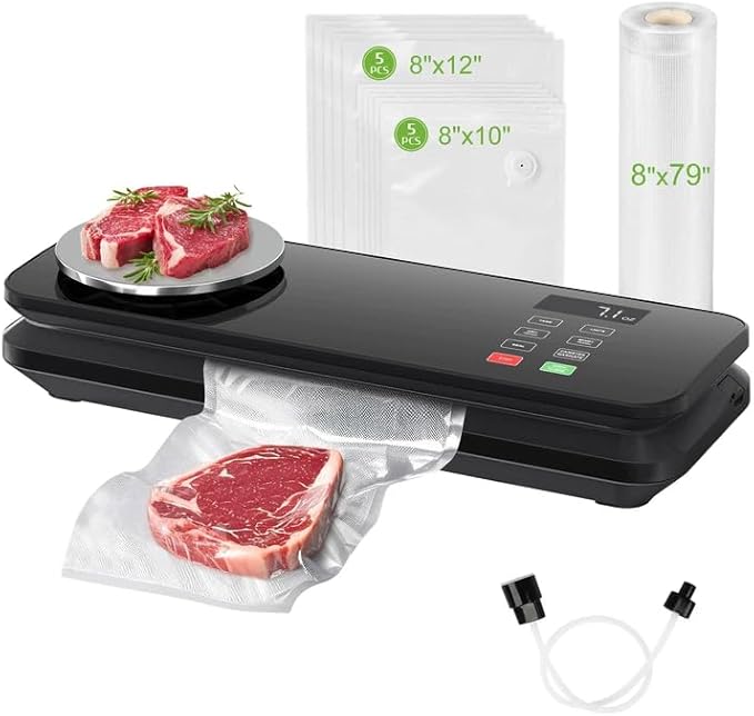 Food Vacuum Sealer Machine, 90KPA with Kitchen Scale, One-Touch Automatic, Multiple Modes, with 10 Sealer Bags and 1 Roll, Built-in Cutter, Black