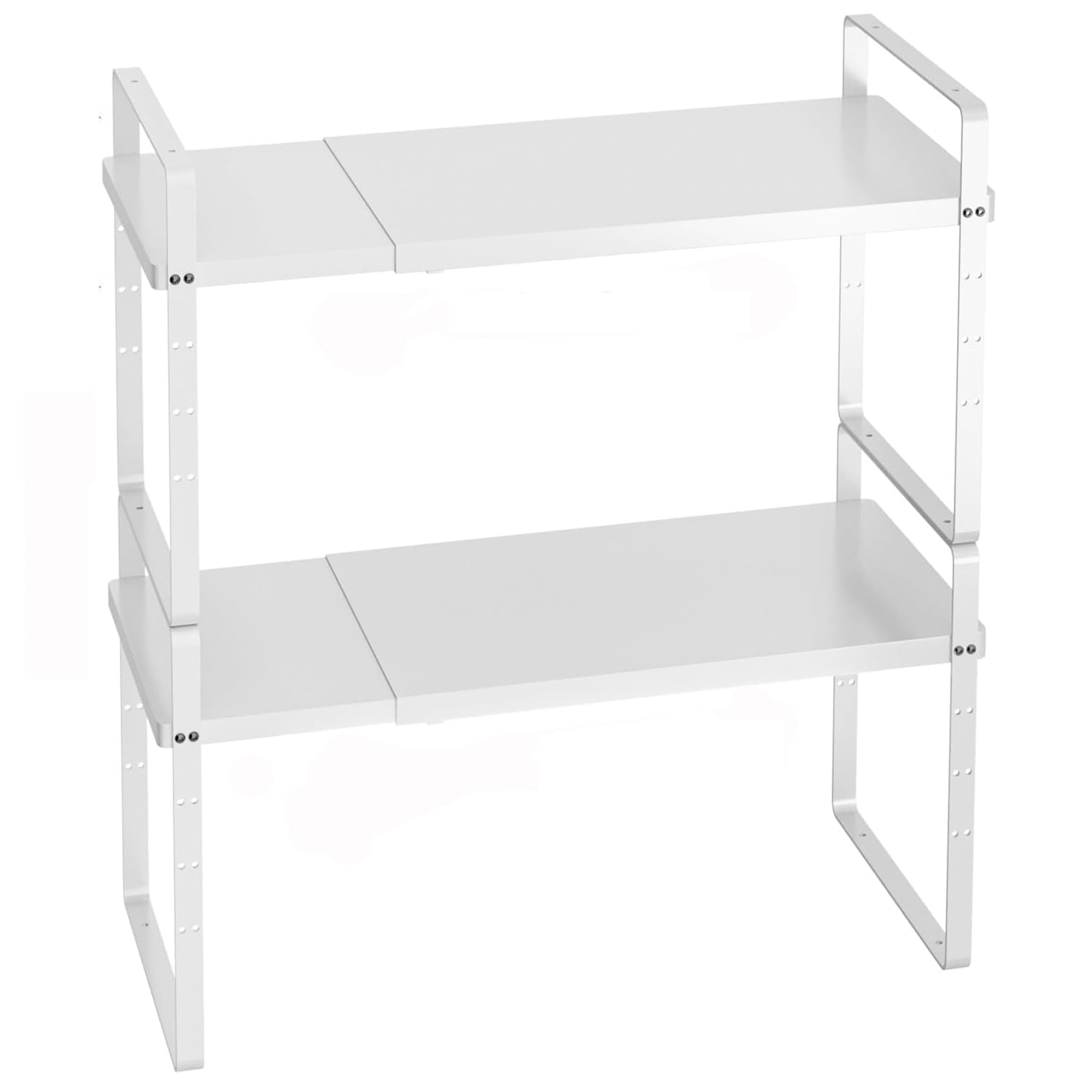 iPEGTOP Expandable Cabinet Storage Shelf Organizer Rack, Heavy Duty Cupboard Stand Spice Rack Adjustable Height Garage Pantry Shelf Space Riser for Counter Kitchen Organization, White, 2 Pack