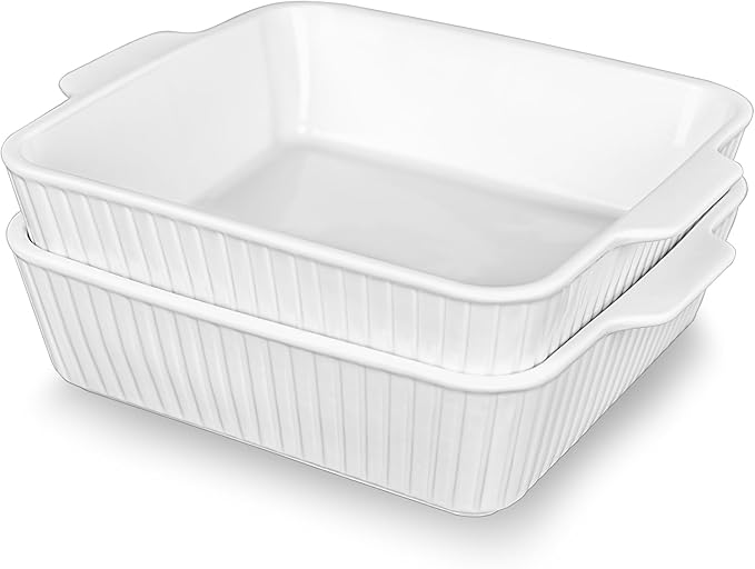 cikiciki 10" Square Ceramic Casserole Dish Set of 2-2.6 Qt Deep Baking Dishes with Handles for Oven, Lasagna Pan for Casseroles Cake Bread, Microwave Dishwasher Safe Bakeware Set, White
