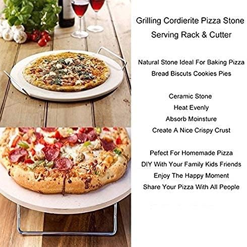 13 Inch Round Pizza Stones for Grill and Oven, Cordierite Baking Stones Set with Serving Rack & Cutter, Durable and Safe Cooking Stone Pan for Bread, Natural Pizza Stone for Family