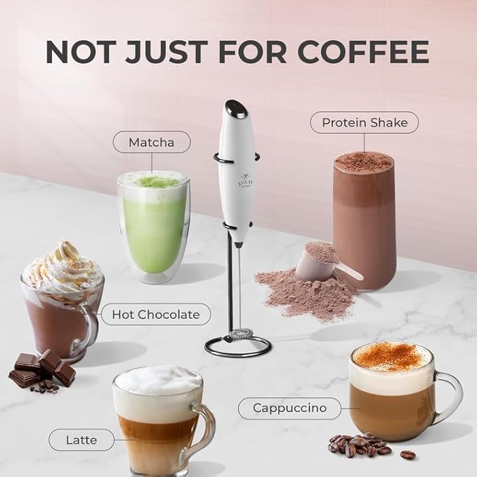 Zulay Kitchen Powerful Milk Frother Wand With Duracell Batteries - Ultra Fast Handheld Drink Mixer - Electric Whisk Foam Maker for Coffee, Lattes, Cappuccino & Matcha - Z1 Motor - White & Black