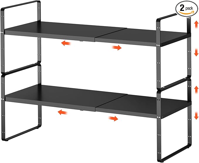 jkxoo 2pcs Expandable Cabinet Shelf Organizer, 16.5"~27''L, Black