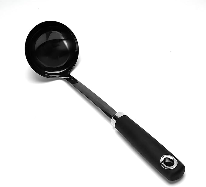 JXWING 12-Inch Black Stainless Steel Soup Ladle, Metal Ladle Spoon