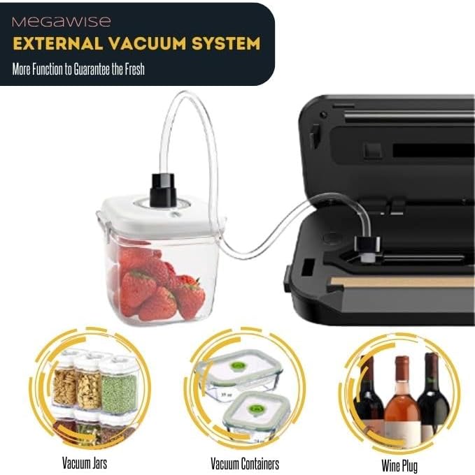 MegaWise Vacuum Sealer Machine, 80kPa Powerful Suction, One-Touch Automatic Food Sealer with Built-in Cutter & Bags Included, Dry Moist Modes for All Saving needs