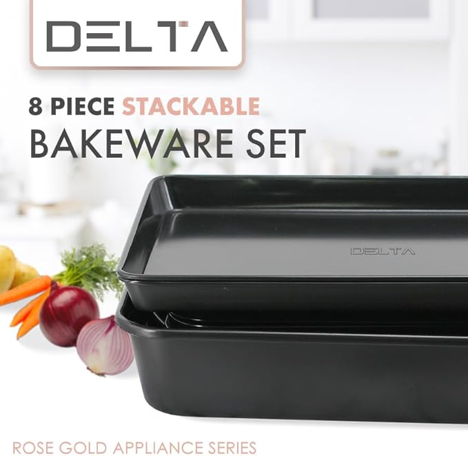 Prime Cuisine Stackable Nonstick Bakeware Set, 8 Piece Baking Pan Set, Oven Safe Carbon Steel, Includes Cookie Sheet, Muffin Pan, Loaf Pan & Roaster