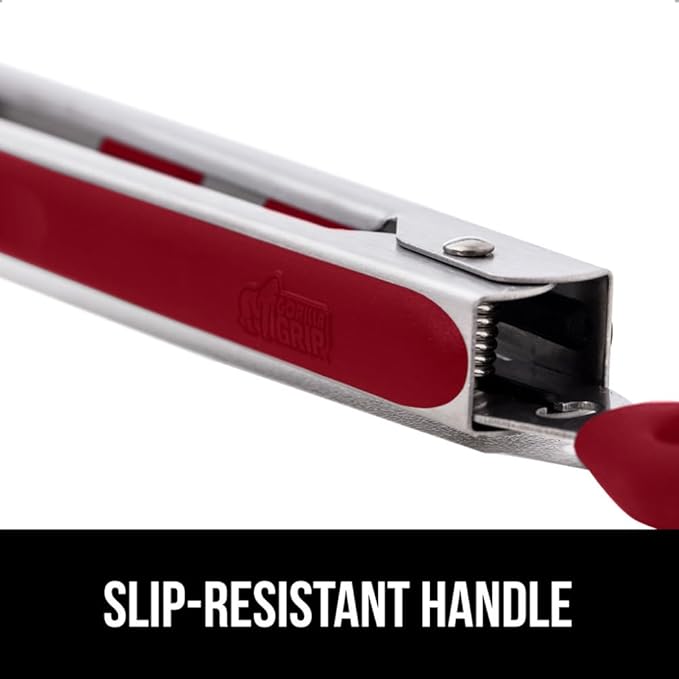 GORILLA GRIP Stainless Steel BPA-Free Kitchen Tongs for Cooking, 9+12 Inch, Heat Resistant BBQ Tong Set of 2, Non Scratch Silicone Tip for Pan, Strong Grip, Grab Food, Toss Salad, Pull Lock, Red