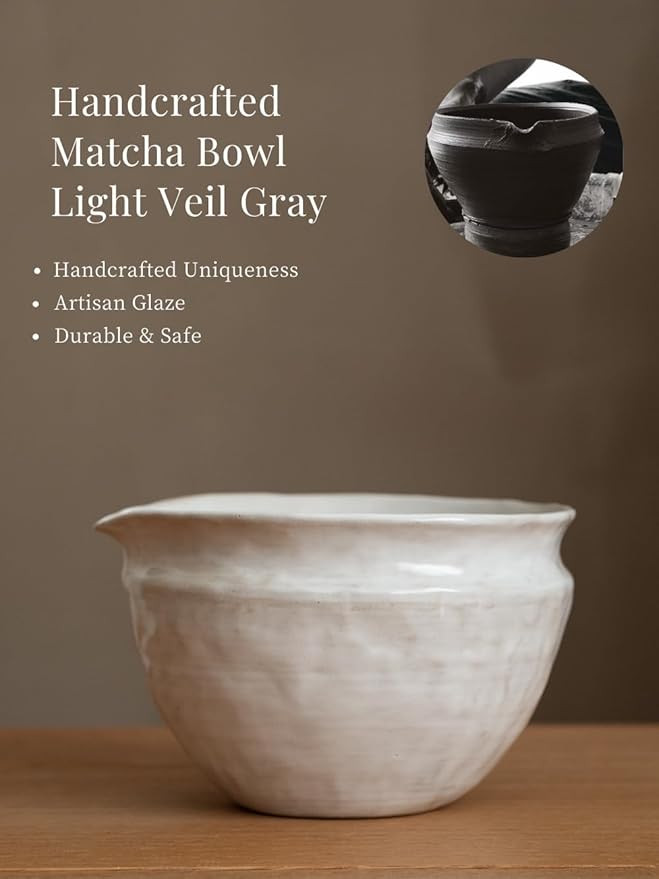 WUSEI Matcha Set with Handmade Ceramic Bowl & Bamboo Whisk, Pearl Gray,6-Pc