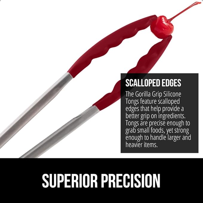 GORILLA GRIP Stainless Steel BPA-Free Kitchen Tongs for Cooking, 9+12 Inch, Heat Resistant BBQ Tong Set of 2, Non Scratch Silicone Tip for Pan, Strong Grip, Grab Food, Toss Salad, Pull Lock, Red