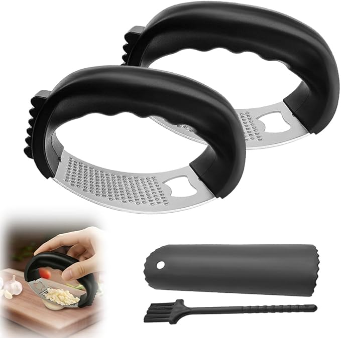 Stainless Steel Garlic Press Rocker, 2025 New Garlic Mincer and Garlic Crusher, Easy-Squeeze Garlic Tool with Peeler and Cleaning Brush for Smashing Garlic (A2-2Pcs)