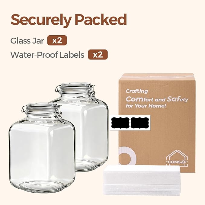 ComSaf Square Glass Jars with Airtight Lid 1.3 Gallon 2 Pack Large Canister